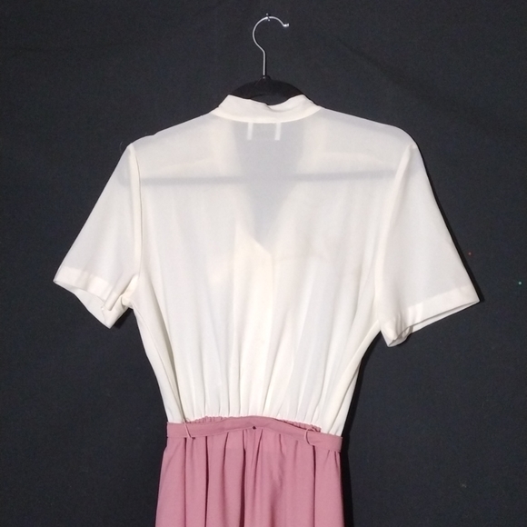 Vintage Jennifer Gee Cream and Pink Short Sleeve Midi Dress w/ Neck Tie Sz 14 - Picture 7 of 8